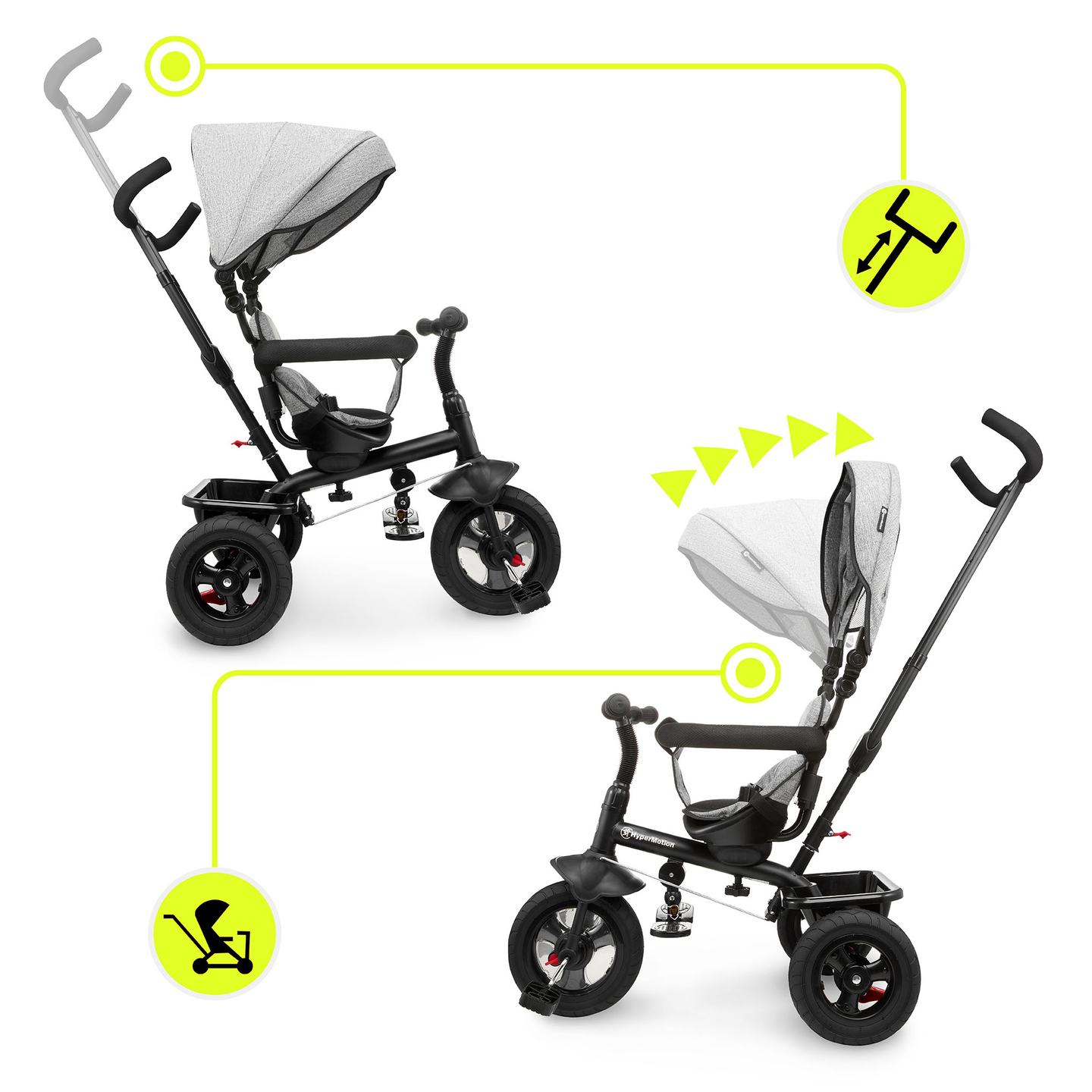 Tricicletă pentru copii 1-4 ani - TOBI FREY - culoare gri - roți pivotante - roți cu pompă + împingător