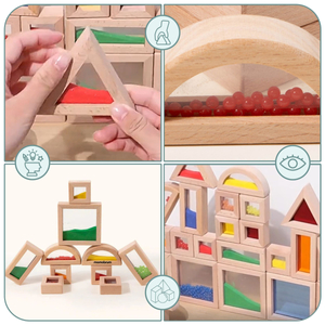 Set de blocuri senzoriale din lemn cu umpluturi diferite - 15 bucăți