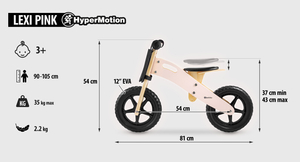 Bicicleta de jogging din lemn HyperMotion LEXI - roți din spumă, super ușoară - roz