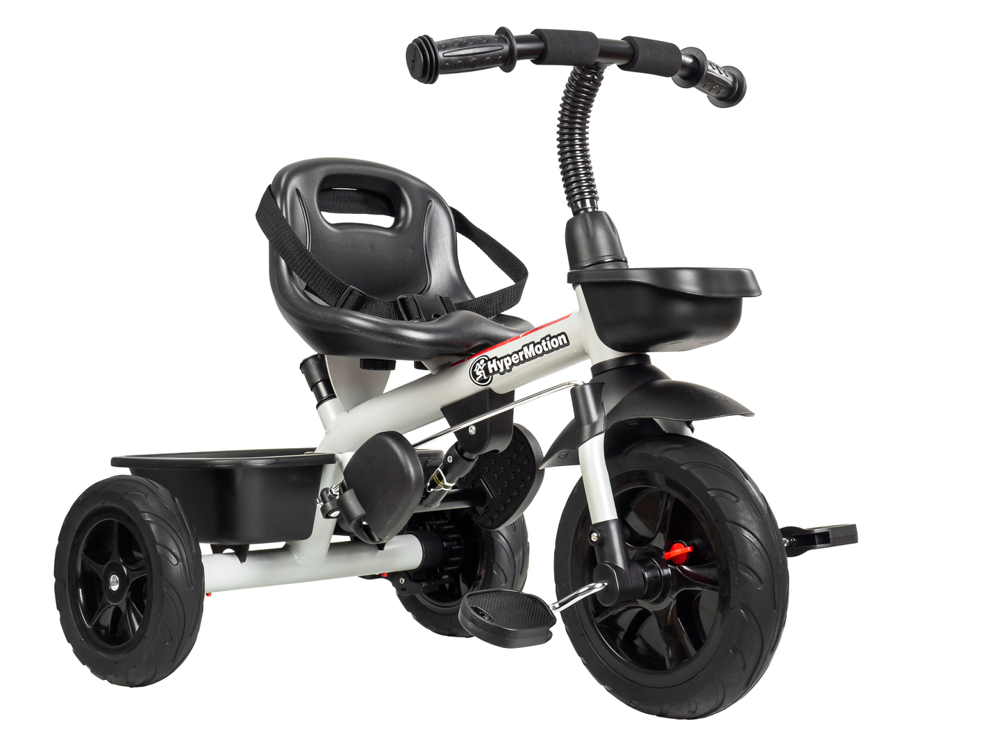 Tricicleta HyperMotion TOBI VECTOR - roți gonflabile veșnice + bară de împingere. Culoare: gri deschis.