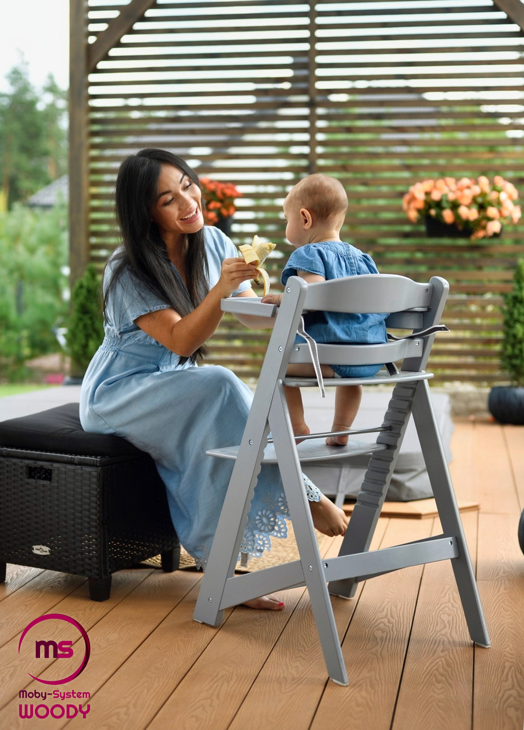 Scaun de hrănire din lemn Moby-System WOODY - culoare gri