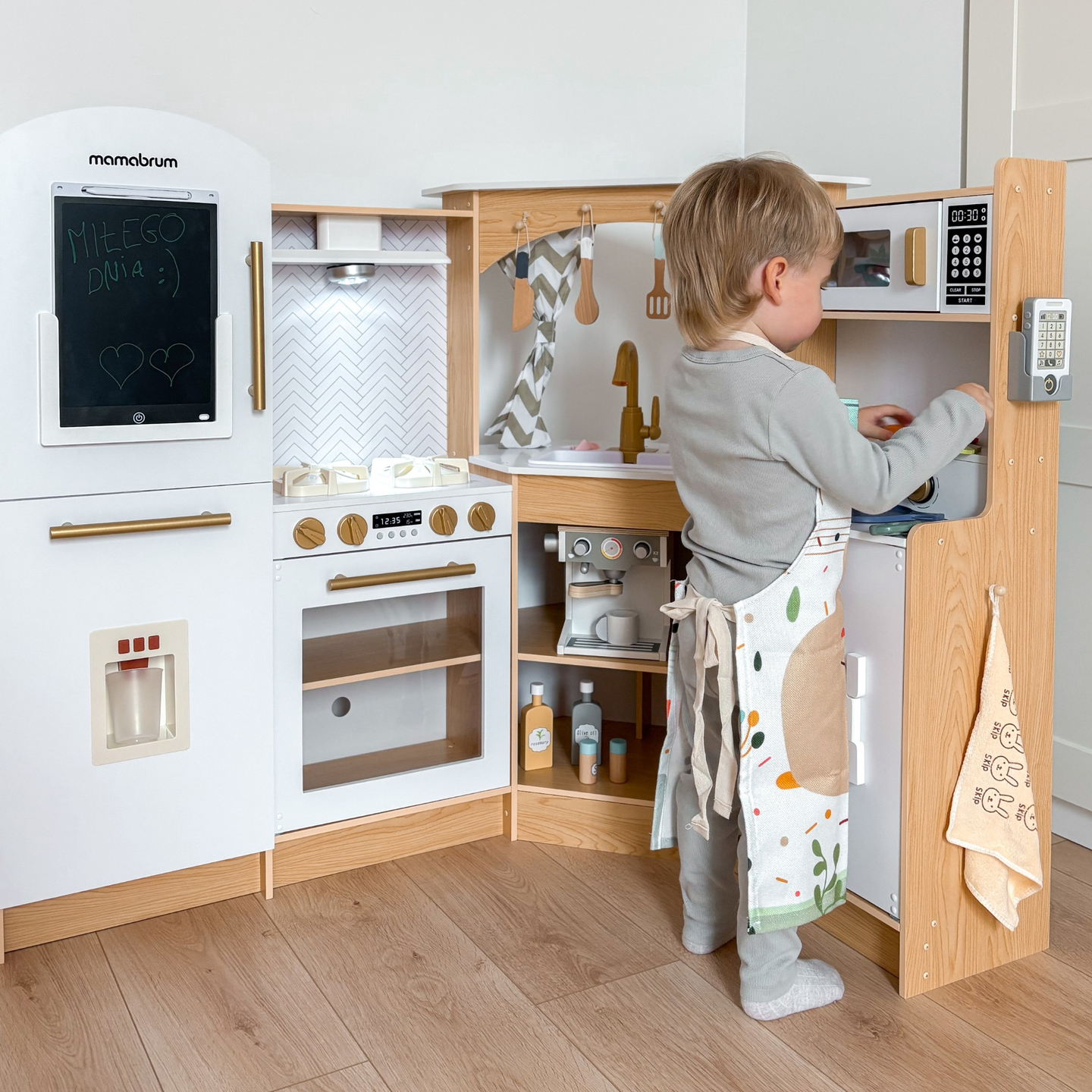 XXXXL bucătărie interactivă mare din lemn cu iluminare LED, mașină de spălat, mașină de cafea cu microunde și set de fructe și legume - 50 de elemente