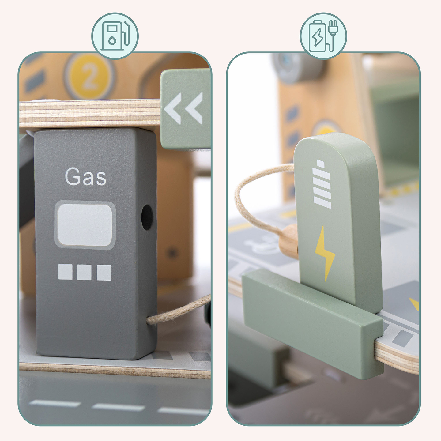 Garaj din lemn, cu trei etaje, pentru copii, cu accesorii - parcare, benzinărie, spălătorie auto, elicopter