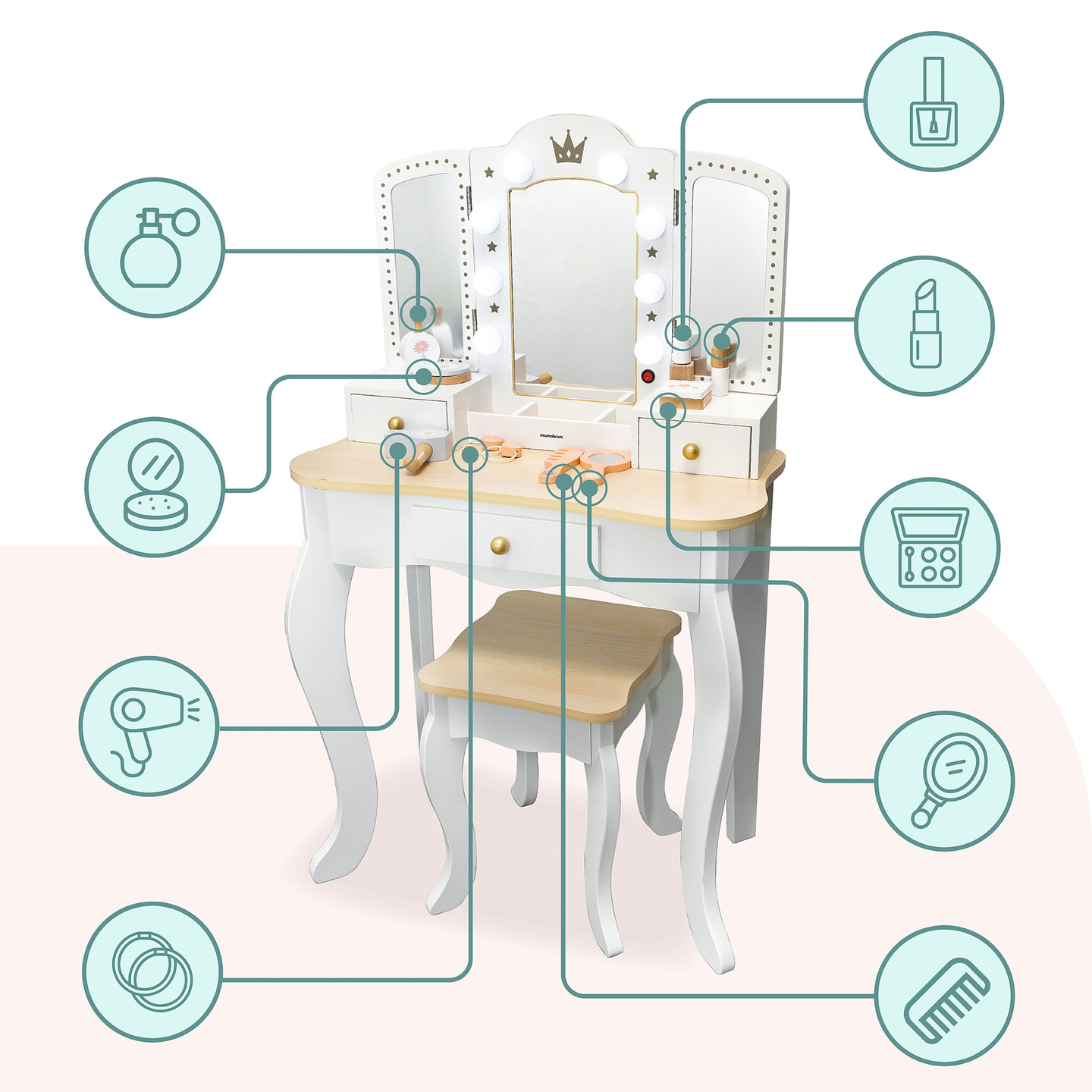 Masă de toaletă XXL din lemn cu taburet și iluminare LED pentru copii + accesorii