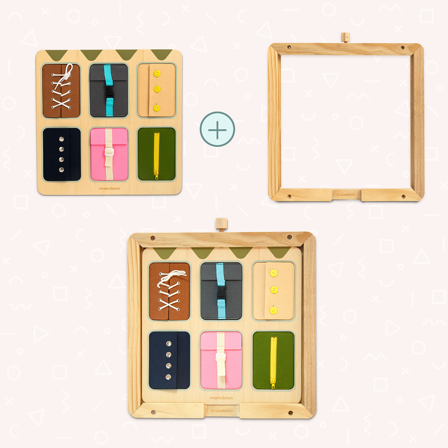 Tablă manipulativă Montessori din lemn – Învățarea senzorială a independenței - șireturi, catarame, nasturi, capse, fermoar