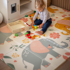 Covoraș din spumă pliabil pe două fețe 180 x 120 x 1cm - Elefanți exotici / Gri delicat