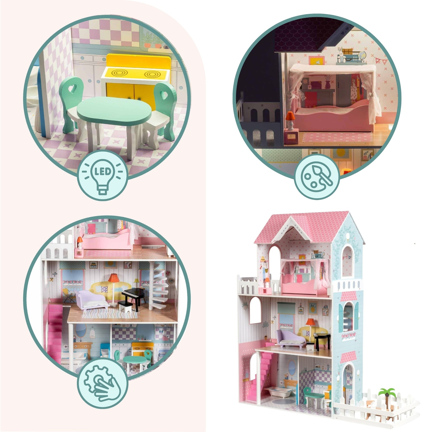 XXL Cea mai mare casă de păpuși din lemn - 123 cm - iluminată cu LED-uri - terasă, accesorii, grădină
