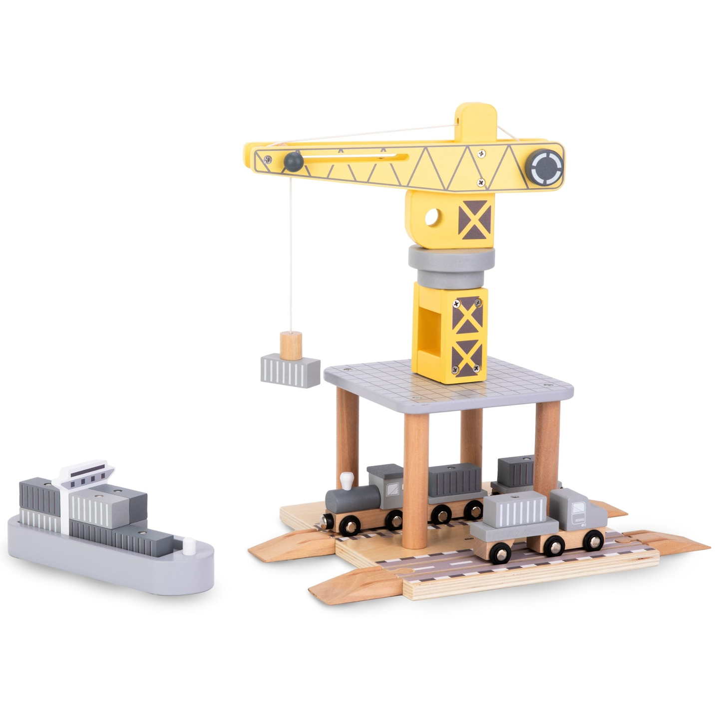 Macara portuară mobilă cu troliu magnetic și accesorii - set din lemn