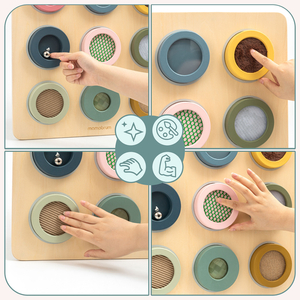 Tablă senzorială Montessori din lemn – 9 texturi pentru a descoperi și dezvolta simțul tactil