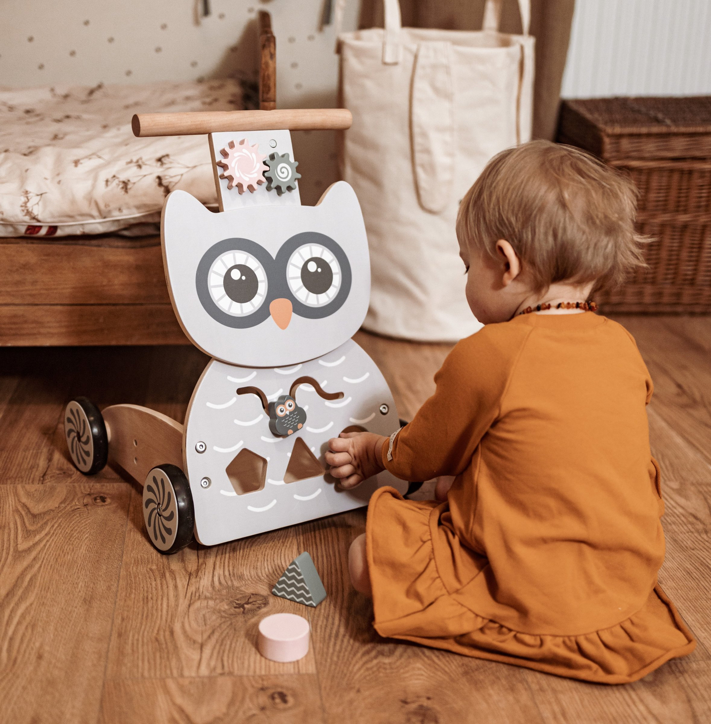 Plimbător multifuncțional din lemn - împingător - cărucior cu blocuri - Bufniță