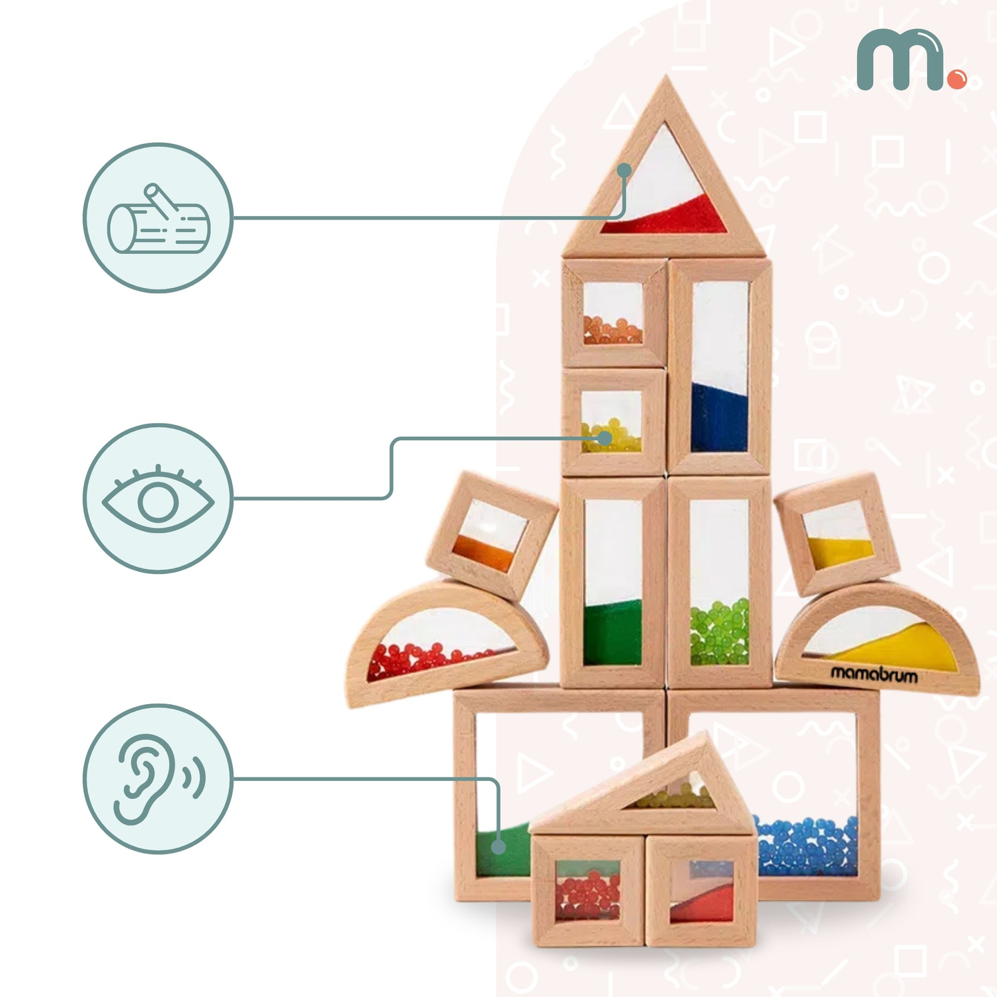 Set de blocuri senzoriale din lemn cu umpluturi diferite - 15 bucăți