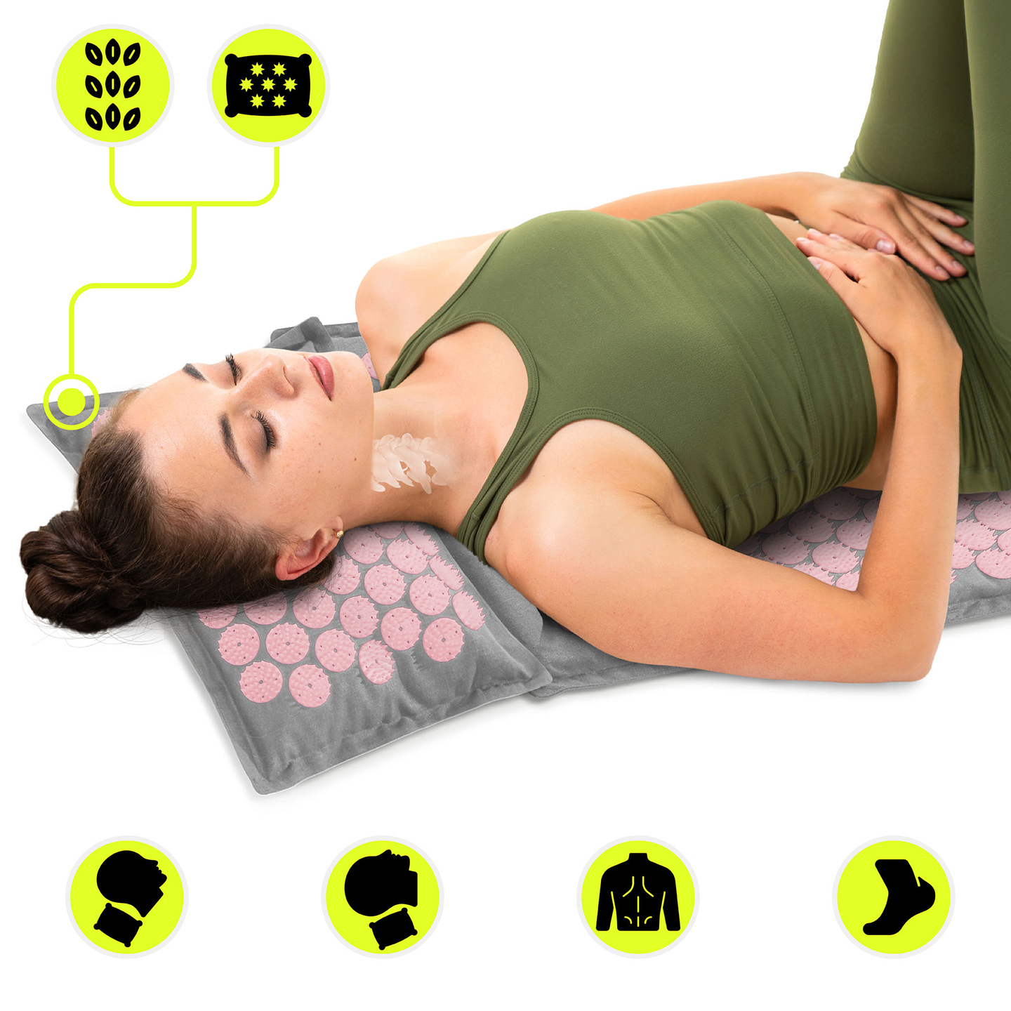 Saltea de presopunctură ECO din in cu fibră de cocos și pernă de hrișcă – 68 cm HyperMotion gri și roz