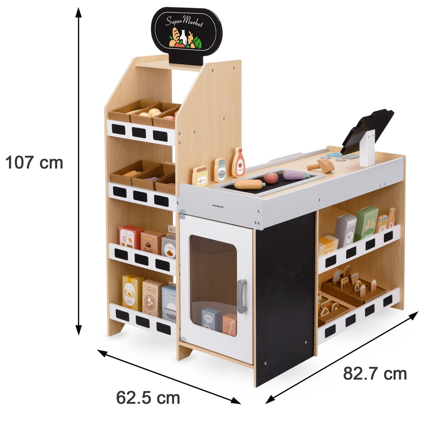 Piață de legume din lemn - tarabă mare XXL, magazin cu casă de marcat de joacă