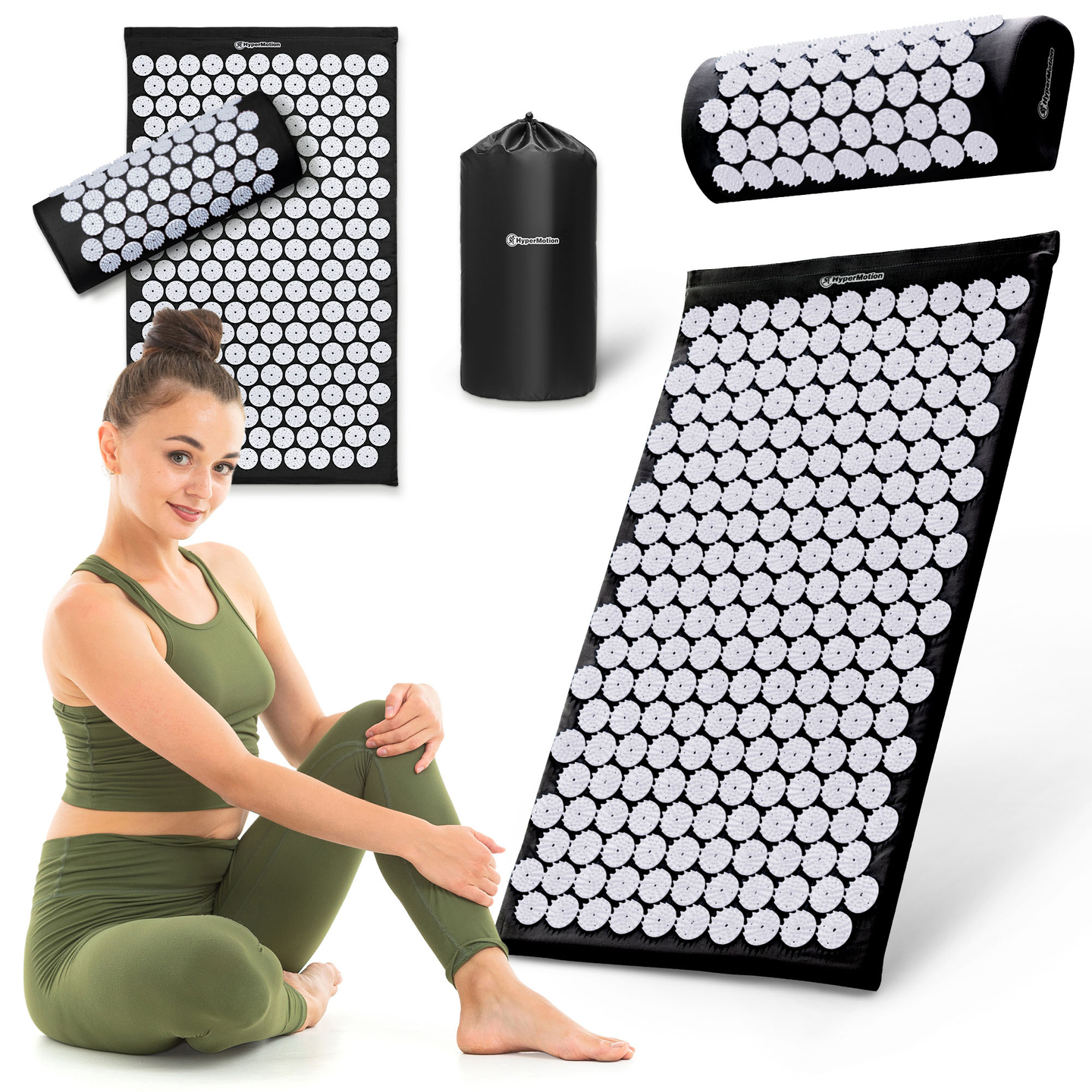 Saltea de presopunctură cu pernă și husă - 72 cm HyperMotion alb-negru