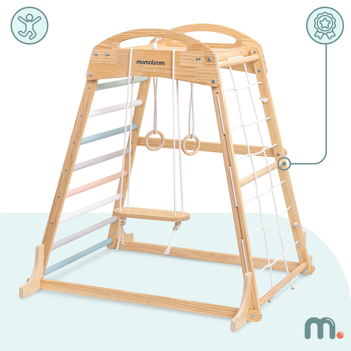 Loc de joacă interior din lemn cu leagăn, inele de gimnastică și plasă de cățărat