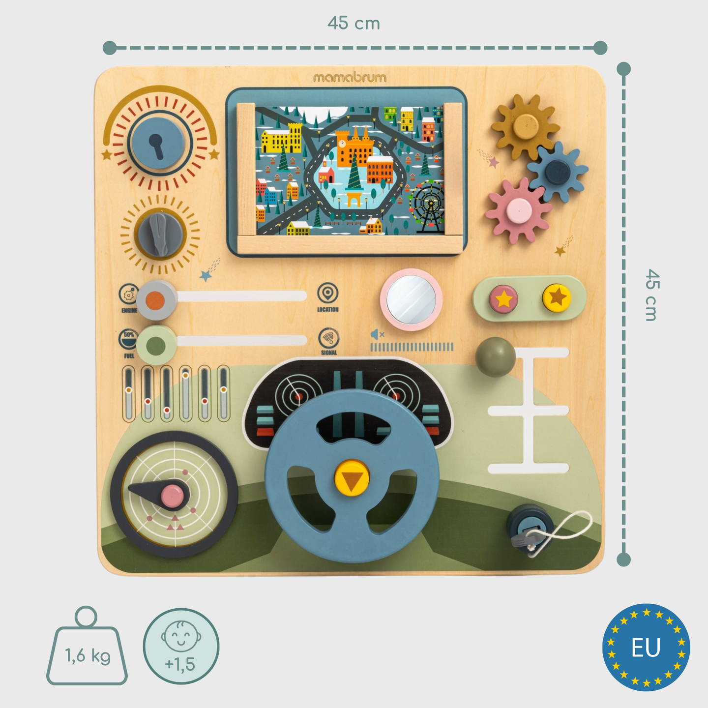Tablă Montessori din lemn, cabină de pilotaj 2 în 1 pentru micul șofer și pilot – volan, schimbător de viteze, hărți de călătorie, radar