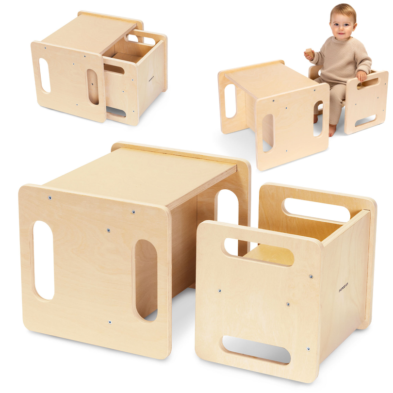 Masă și scaun din lemn cu funcție de piatră de treaptă – un set Montessori multifuncțional pentru copii