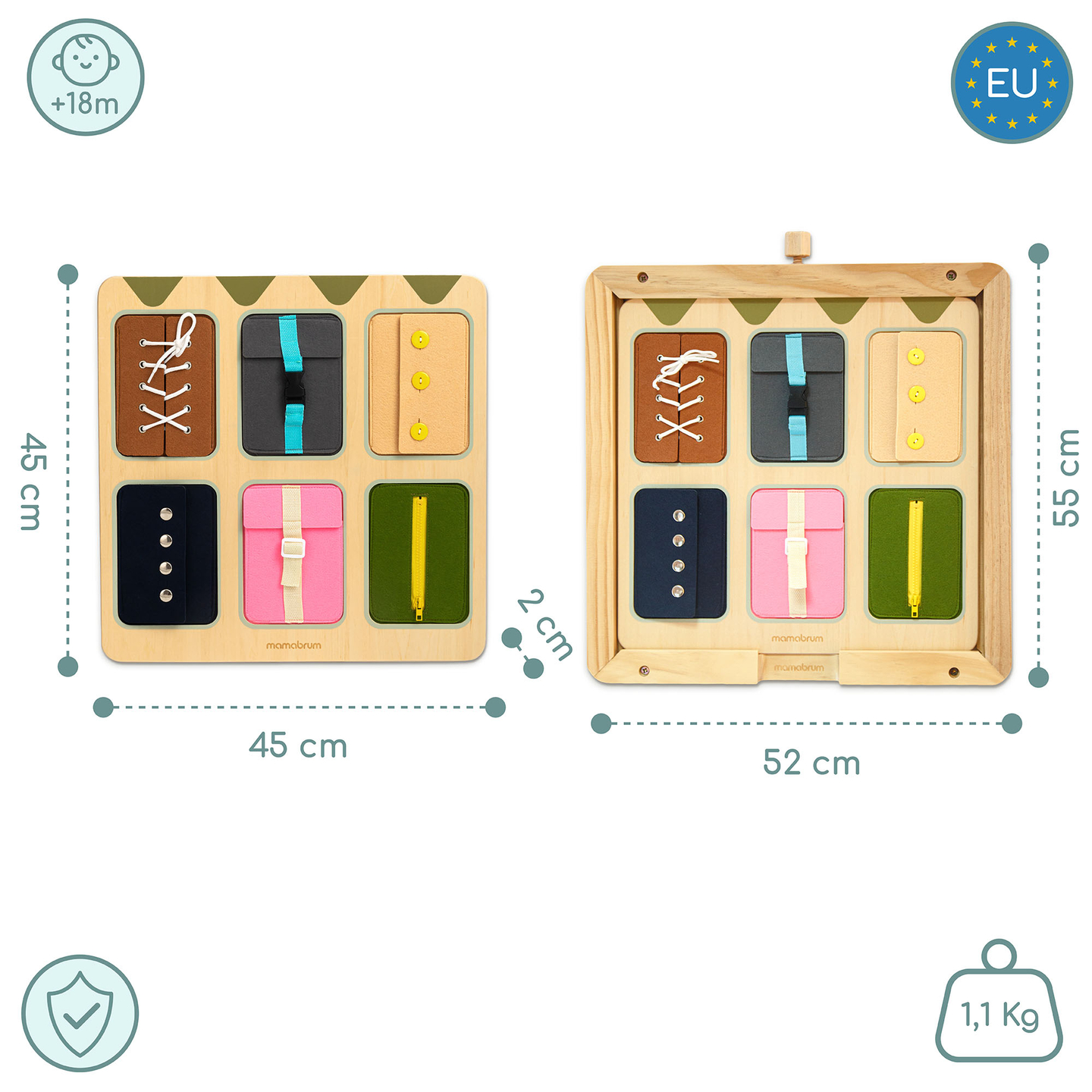 Tablă manipulativă Montessori din lemn – Învățarea senzorială a independenței - șireturi, catarame, nasturi, capse, fermoar