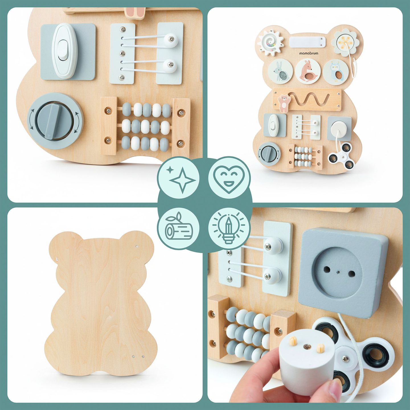 Tablă manipulativă Montessori din lemn - învățare senzorială a independenței: Velcro, dop, labirint, buton cu clic