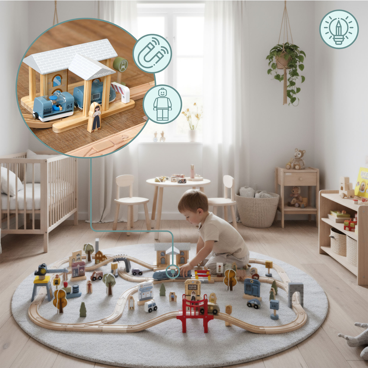 Cale ferată urbană din lemn cu tren electric - macara în mișcare, navă, poduri