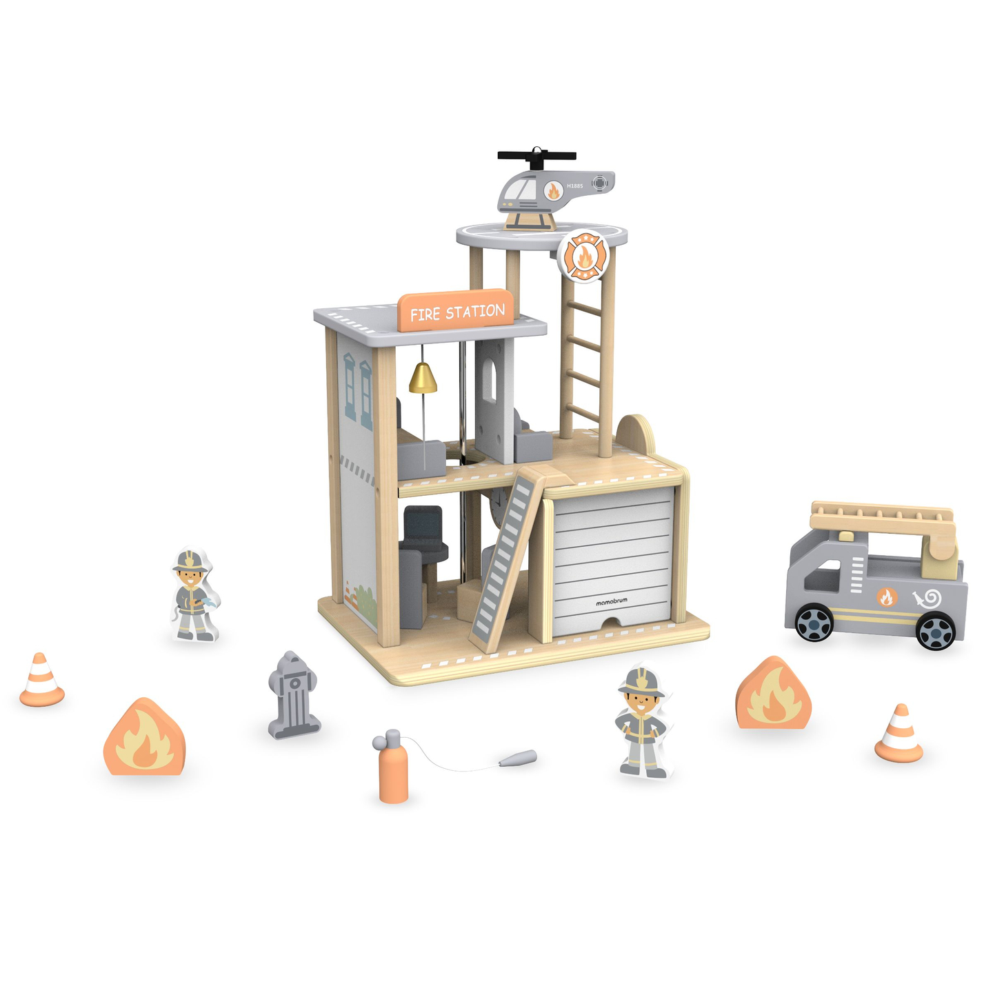 Stație de pompieri din lemn cu accesorii, brigada de pompieri
