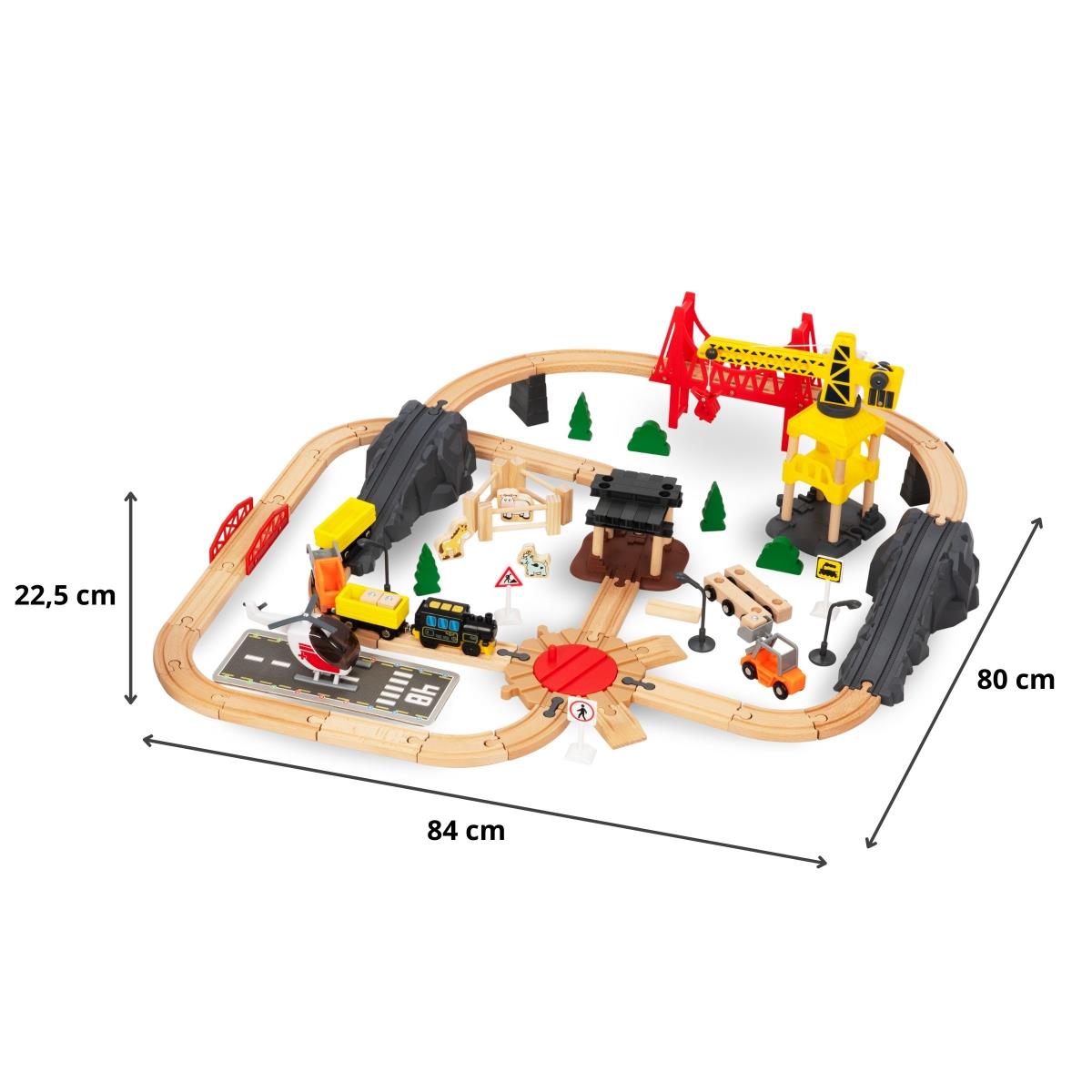 Cale ferată din lemn, tren cu baterii - Oraș: șine, vagoane, pod, aeroport