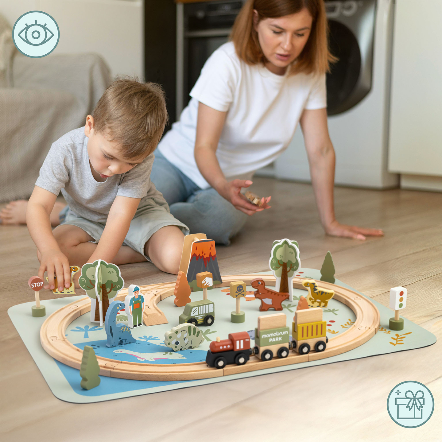 Trenuleț din lemn Dino Park cu covoraș antiderapant - dinozauri, tren, șine, vulcan, clopot