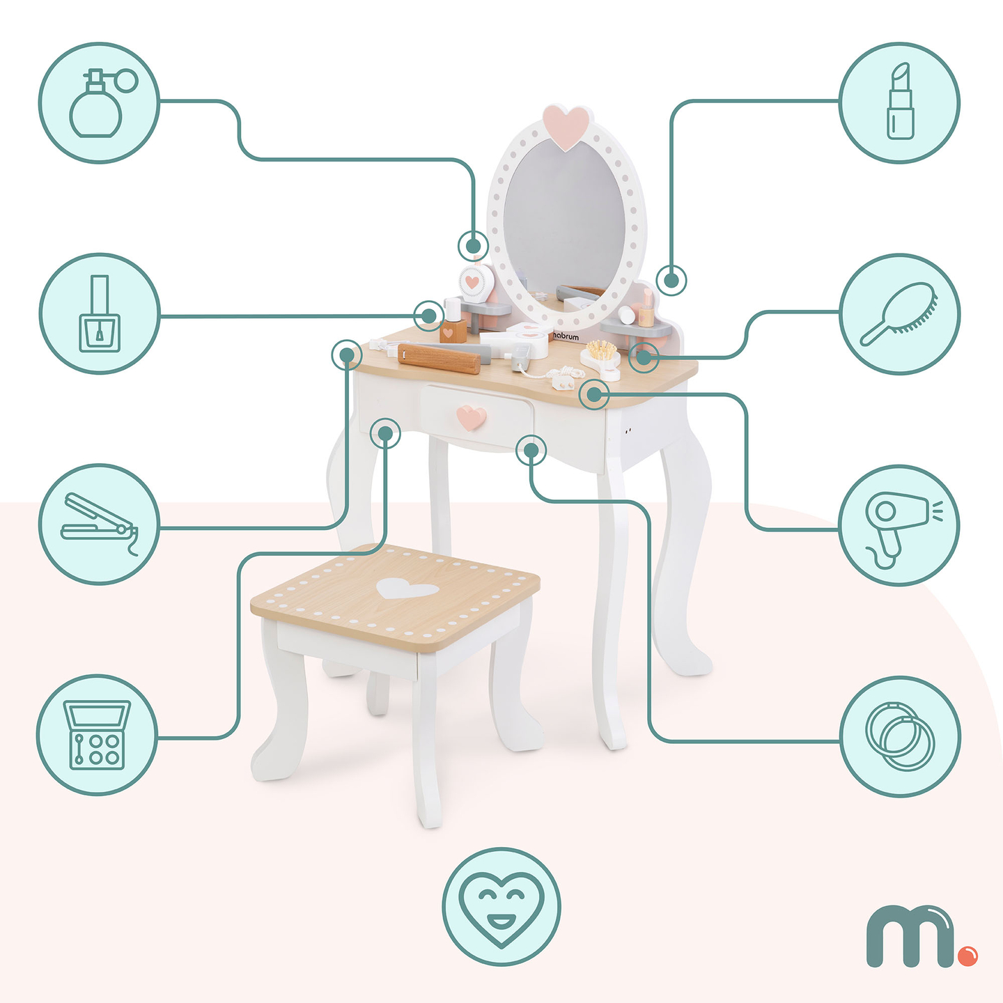 Măsuță de toaletă din lemn cu scaun și accesorii