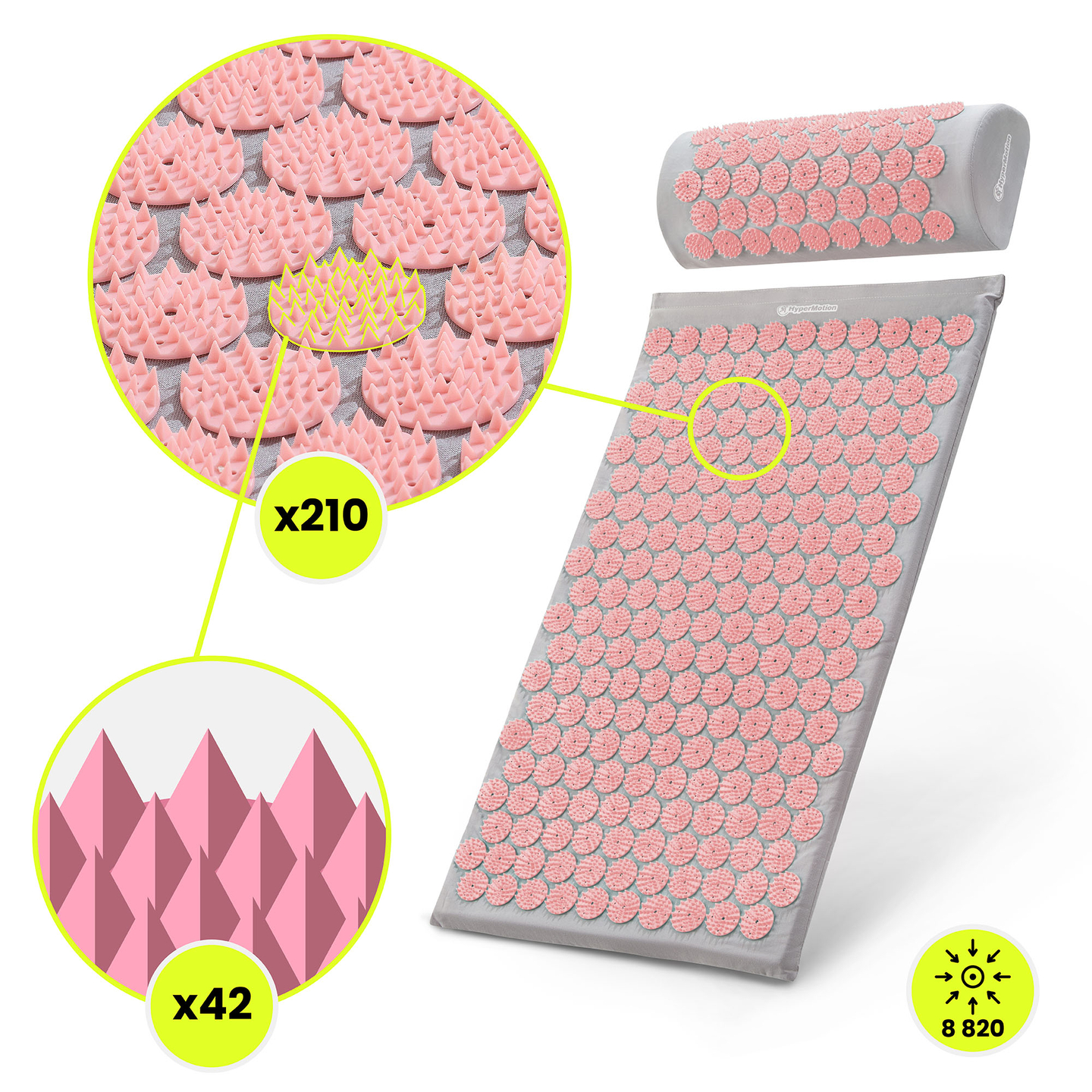 Saltea de presopunctură cu pernă și husă - 72 cm HyperMotion gri și roz