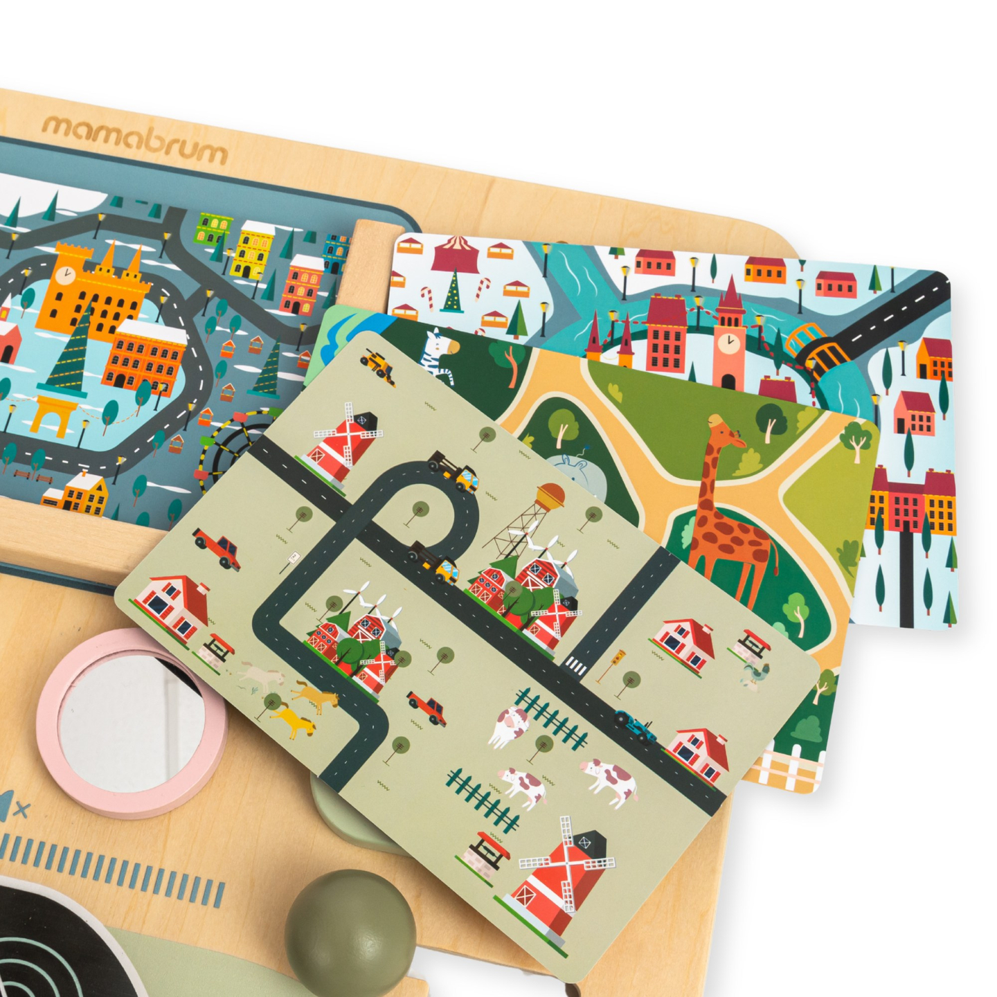 Tablă Montessori din lemn, cabină de pilotaj 2 în 1 pentru micul șofer și pilot – volan, schimbător de viteze, hărți de călătorie, radar