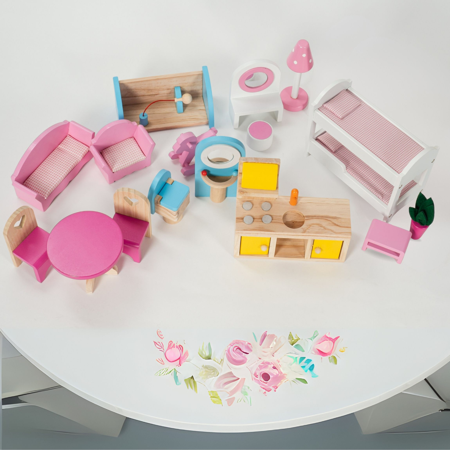 Casă mare de păpuși din lemn cu 3 etaje, cu terasă, set de mobilier și iluminare cu LED-uri!