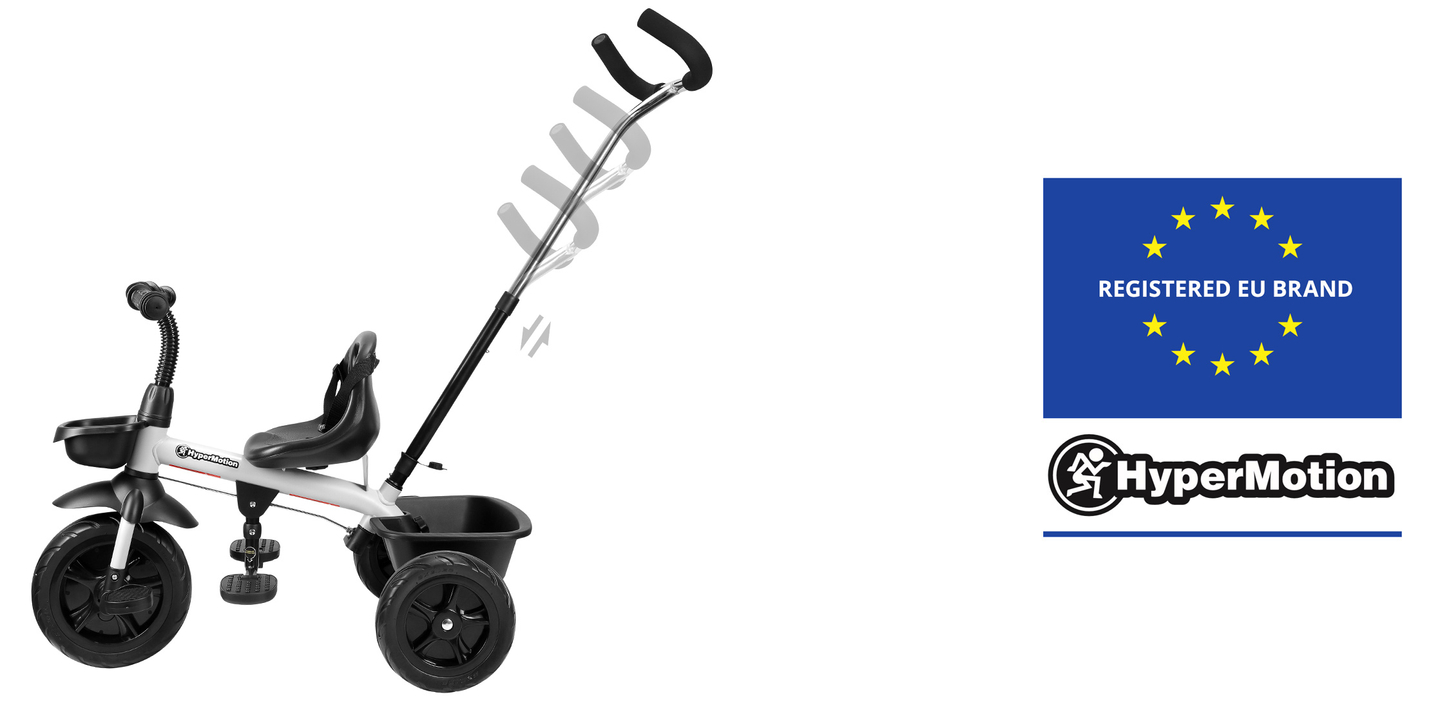 Tricicleta HyperMotion TOBI VECTOR - roți gonflabile veșnice + bară de împingere. Culoare: gri deschis.