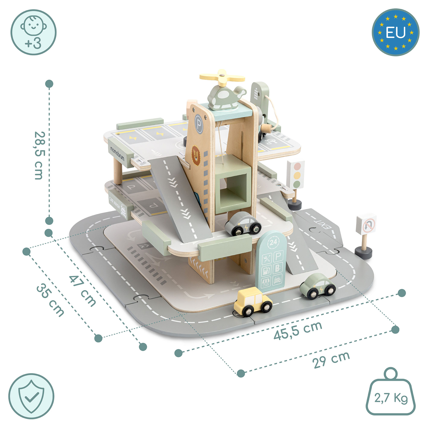 Garaj din lemn, cu trei etaje, pentru copii, cu accesorii - parcare, benzinărie, spălătorie auto, elicopter