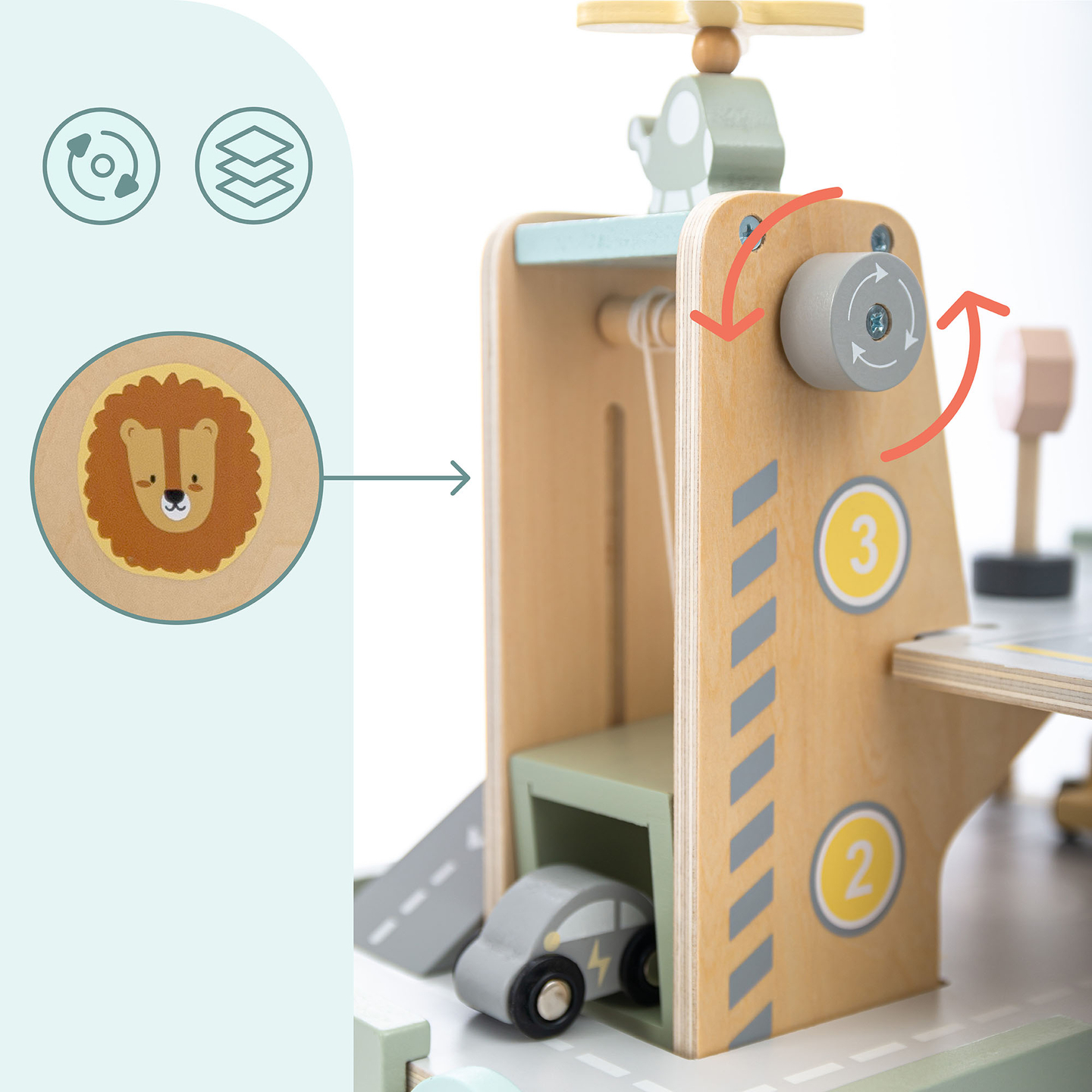 Garaj din lemn, cu trei etaje, pentru copii, cu accesorii - parcare, benzinărie, spălătorie auto, elicopter