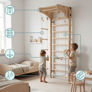 Scară de gimnastică din lemn pentru copii cu accesorii - un leagăn cu placă, inele de gimnastică și o scară din frânghie