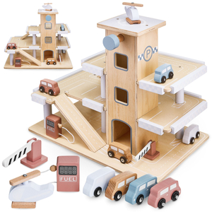 Parcare din lemn pe trei etaje cu lift - garaj cu mașini și elicopter