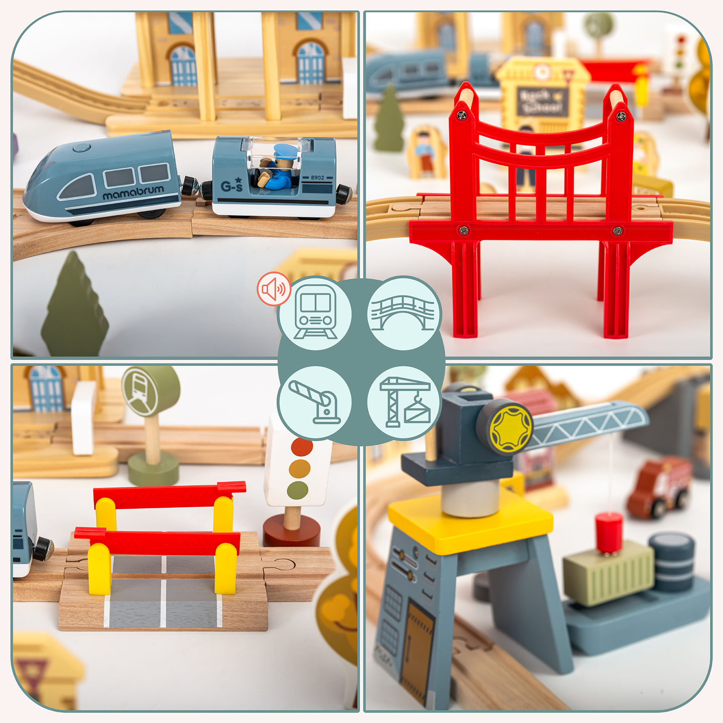 Cale ferată urbană din lemn cu tren electric - macara în mișcare, navă, poduri