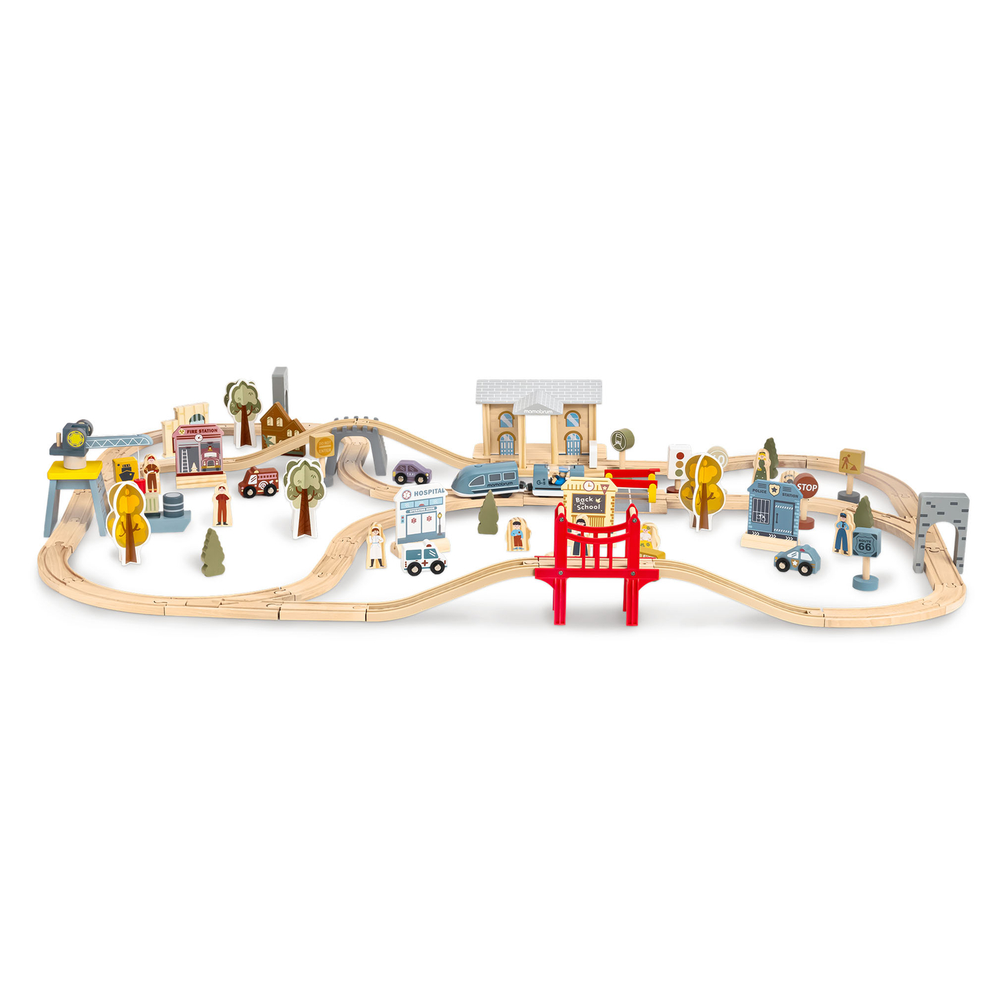 Cale ferată urbană din lemn cu tren electric - macara în mișcare, navă, poduri