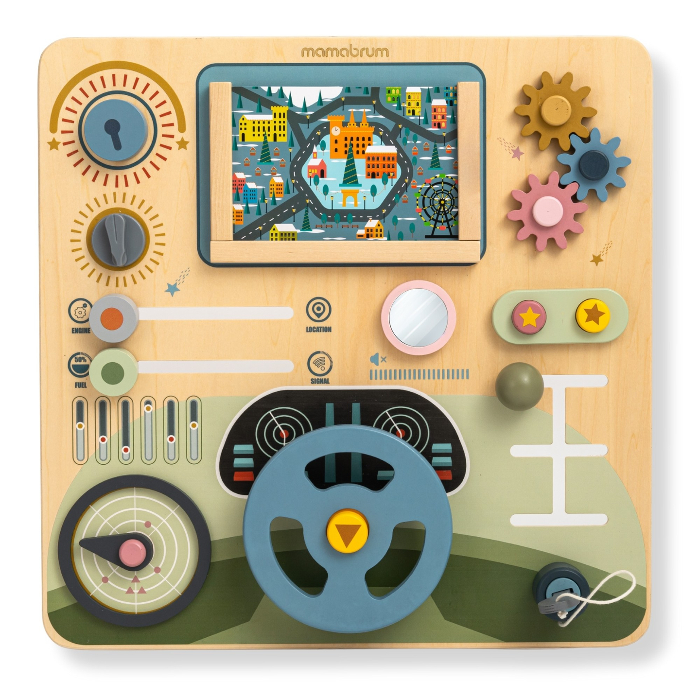 Tablă Montessori din lemn, cabină de pilotaj 2 în 1 pentru micul șofer și pilot – volan, schimbător de viteze, hărți de călătorie, radar