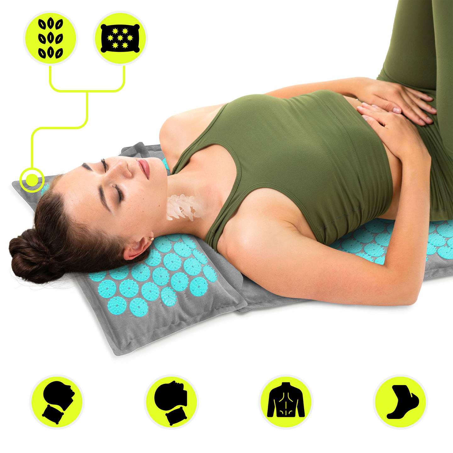 Saltea de presopunctură ECO din in cu fibră de cocos și pernă de hrișcă – 68 cm HyperMotion Gri-Mentă