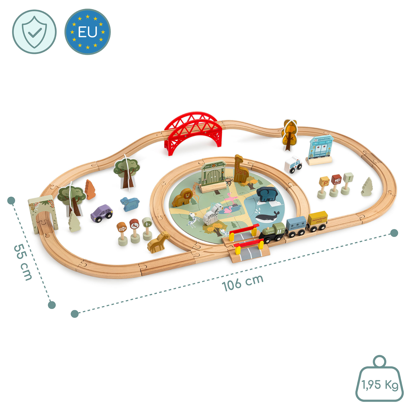 Trenuleț din lemn pentru grădina zoologică – puzzle, tren, șine, animale, pod, barieră