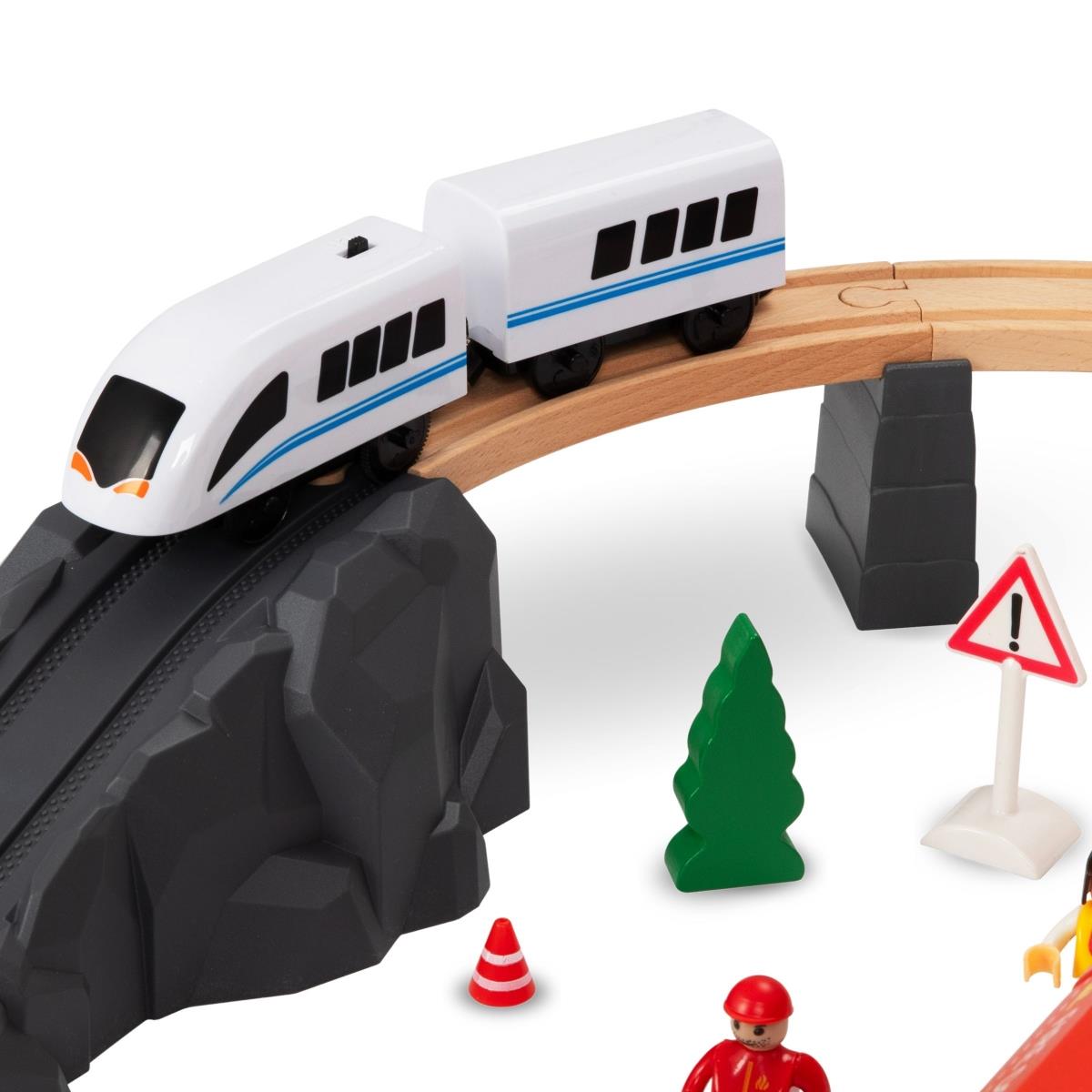 Tren din lemn, tren alimentat cu baterii - Pompieri, șine, vagoane, poduri, barieră