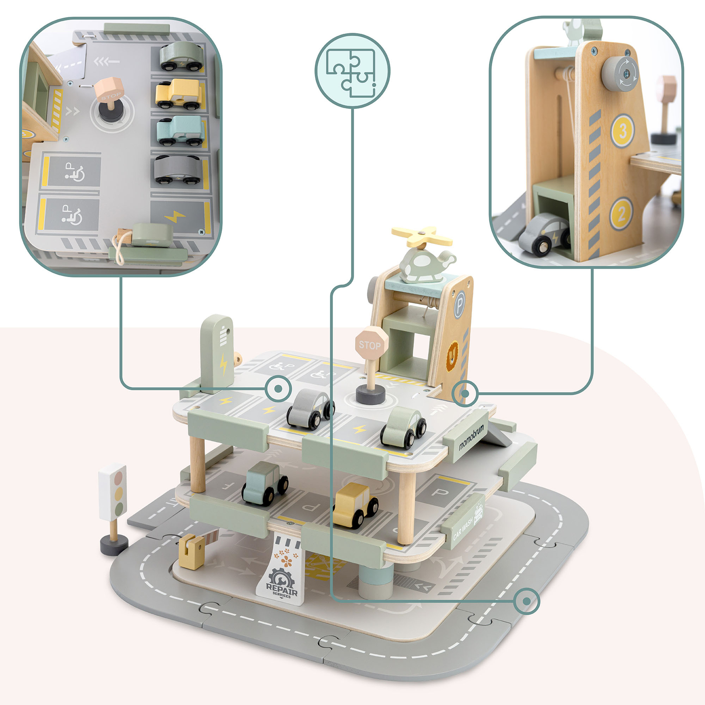 Garaj din lemn, cu trei etaje, pentru copii, cu accesorii - parcare, benzinărie, spălătorie auto, elicopter