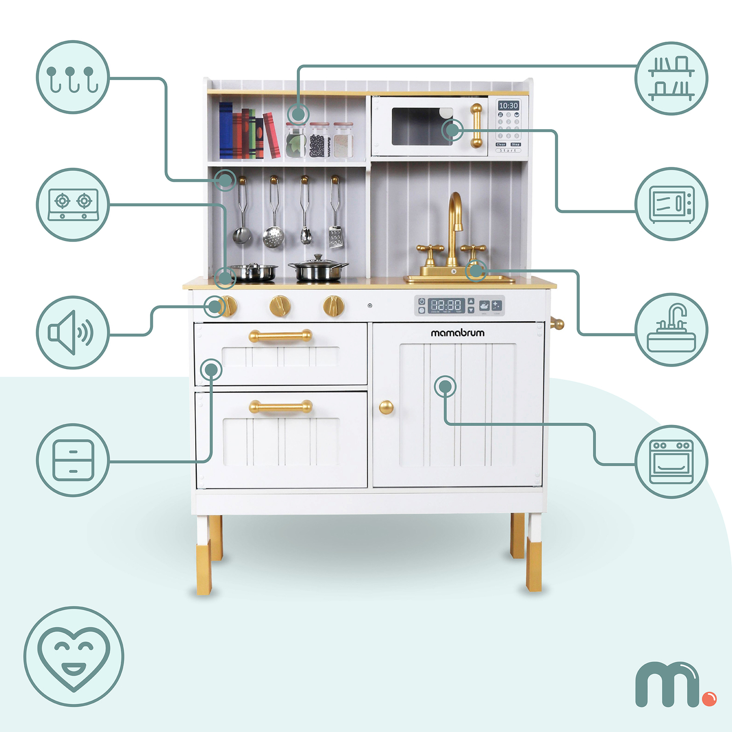 Bucătărie albă din lemn cu accesorii și șorț