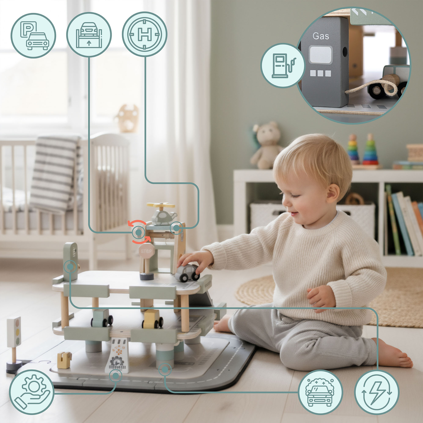 Garaj din lemn, cu trei etaje, pentru copii, cu accesorii - parcare, benzinărie, spălătorie auto, elicopter