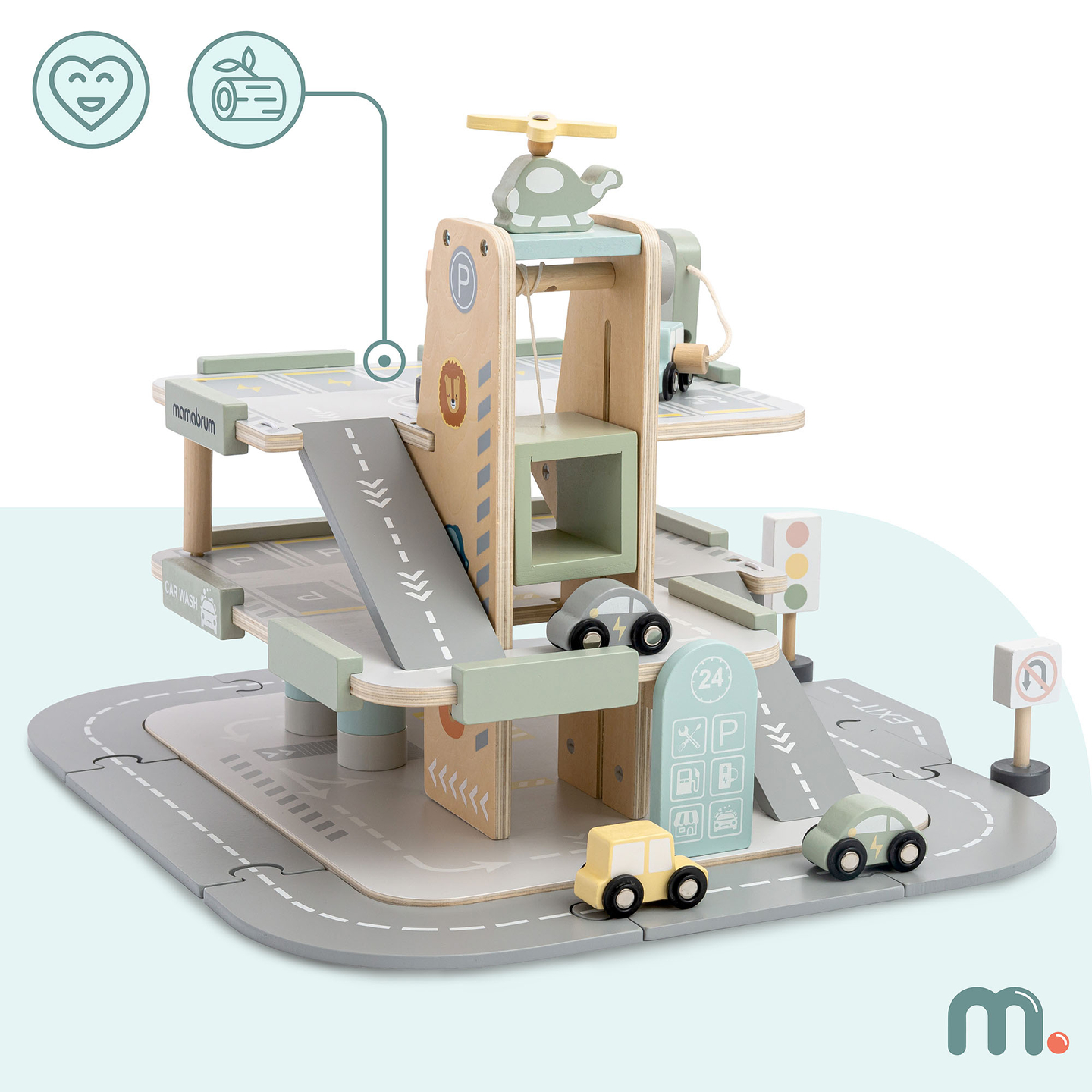 Garaj din lemn, cu trei etaje, pentru copii, cu accesorii - parcare, benzinărie, spălătorie auto, elicopter