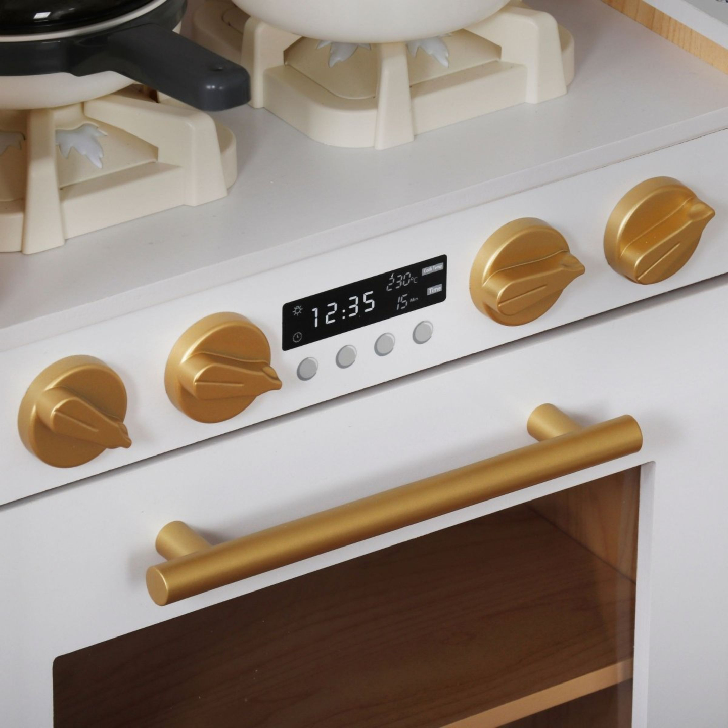 XXXXL bucătărie interactivă mare din lemn cu iluminare LED, mașină de spălat, mașină de cafea cu microunde și set de fructe și legume - 50 de elemente