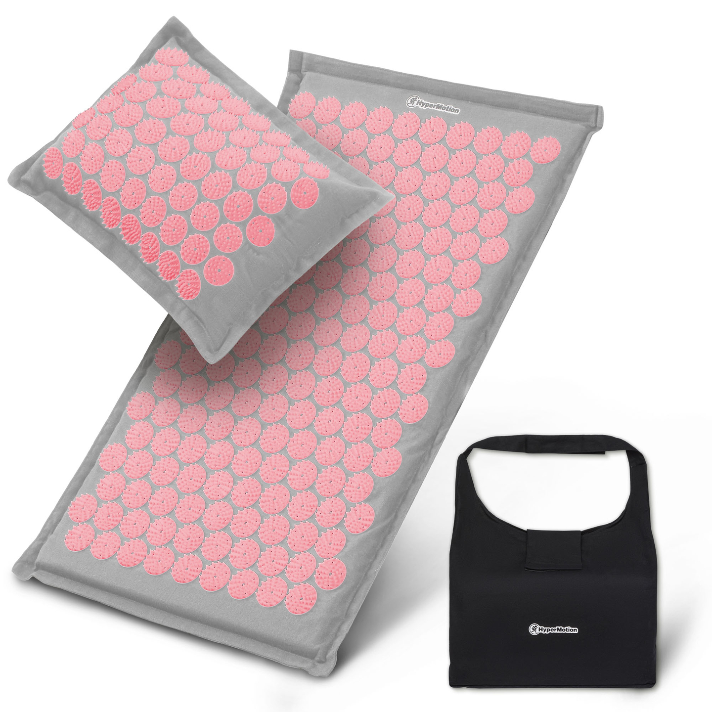Saltea de presopunctură ECO din in cu fibră de cocos și pernă de hrișcă – 68 cm HyperMotion gri și roz