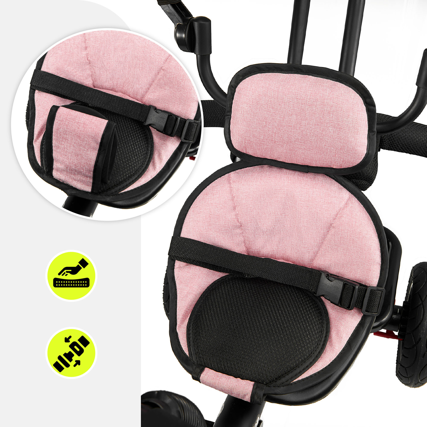 Tricicletă pentru copii 1-4 ani - TOBI FREY - culoare roz - roți pivotante - roți cu pompă + împingător