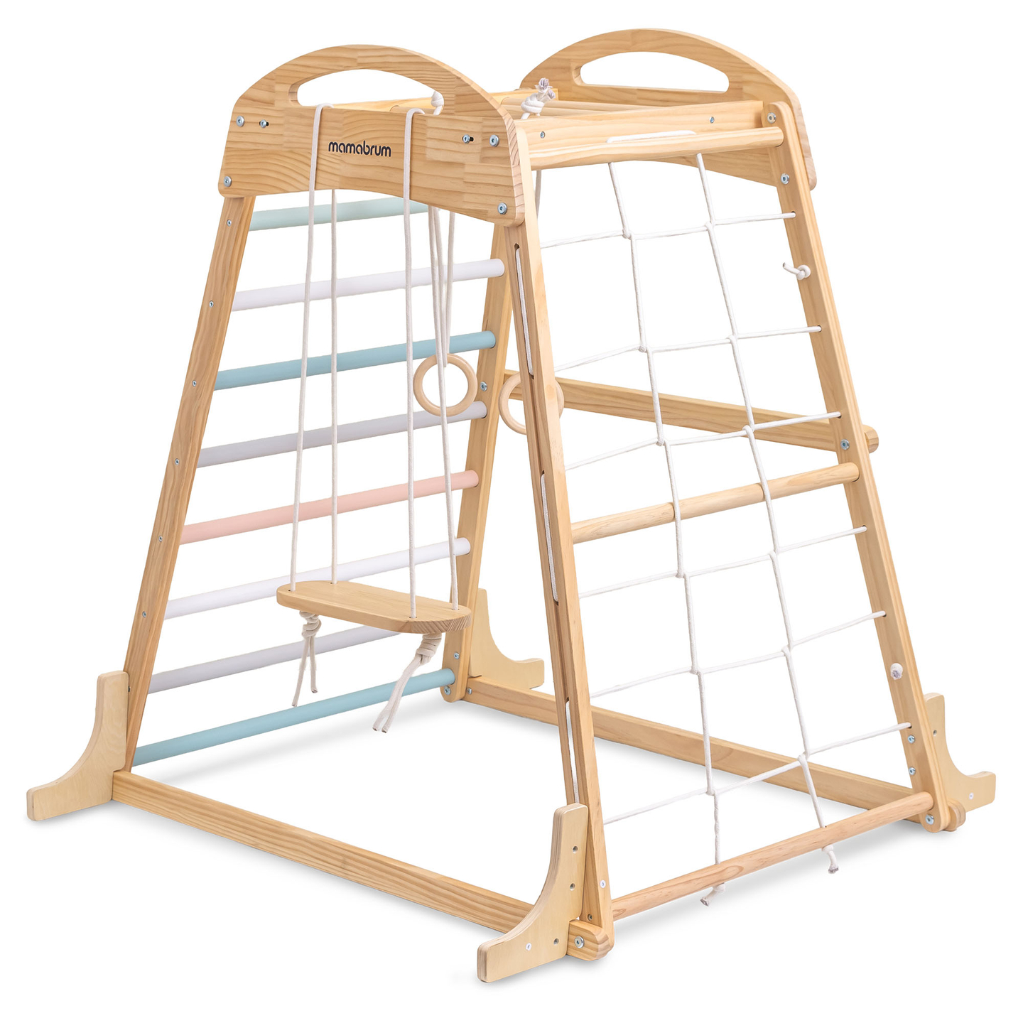 Loc de joacă interior din lemn cu leagăn, inele de gimnastică și plasă de cățărat